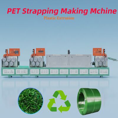 قیمت خوب خط تولید تسمه PET تک پیچ با جنس پیچ 38CrMoALA، ظرفیت 250-500 کیلوگرم در ساعت و الگوهای برجسته سازی قابل تنظیم آنلاین